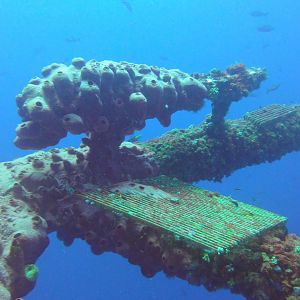 Anode and fallen grating on rig jacket