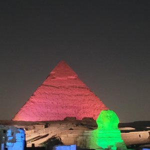 Pyramid and Sphinx at night