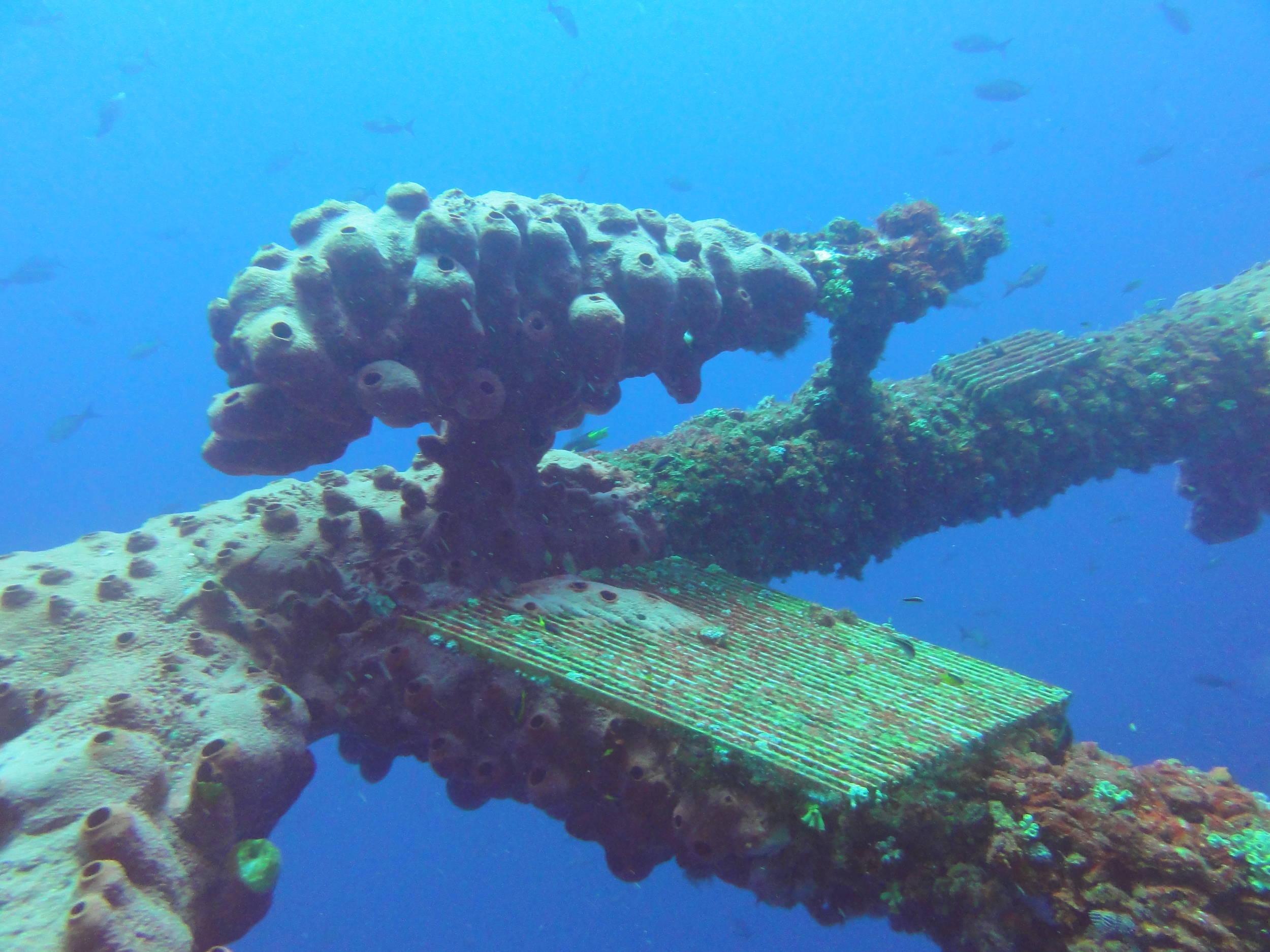 Anode and fallen grating on rig jacket